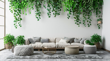 Wall Mural - 3D mockup of a modern living room with a white wall, green plants, and contemporary furniture