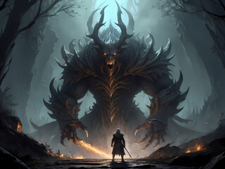 Poster - warrior in face of evil- warrior in a forest - darksoul,eldenring,game concept art