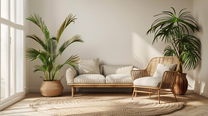 Wall Mural - 3D mockup of a modern living room with a white wall, green plants, and contemporary furniture