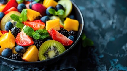 Wall Mural - Vibrant fruit salad with strawberries, kiwi, blueberries, and mint