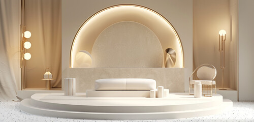 Wall Mural - Cream 3D studio showcase with luxury stage concept for fashion product mock-up design template.