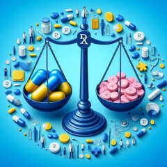 An artistic depiction of a balance scale with capsules and pills, representing the pharmaceutical industry and medical ethics.. AI Generation