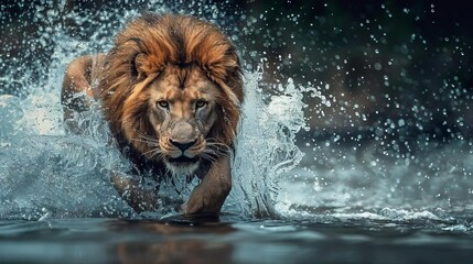 majestic lion charging through water splashing droplets wildlife digital art