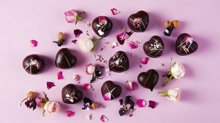 Poster -   Heart-shaped chocolate boxes adorned with a bouquet of vibrant pink roses against a purple backdrop