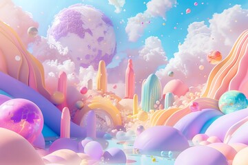 Design a whimsical wallpaper showcasing a colorful and imaginative future world in pastel tones, using 3D elements, focus on, surreal, overlay, cosmic backdrop