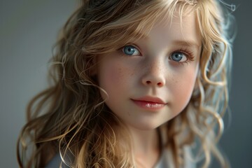 Poster - Closeup image capturing the innocence and beauty of a young girl with sparkling blue eyes and curly hair