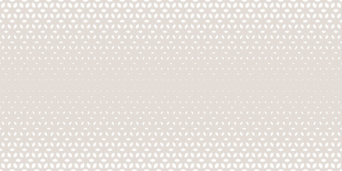 Vector halftone seamless pattern. Subtle beige and white texture with gradient transition effect. Elegant minimalist geometric background with floral shapes, leaves, mesh. Abstract repeat geo design