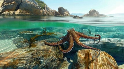 Wall Mural -   Octopus perched atop rock by water's edge, surrounded by rocks and vegetation