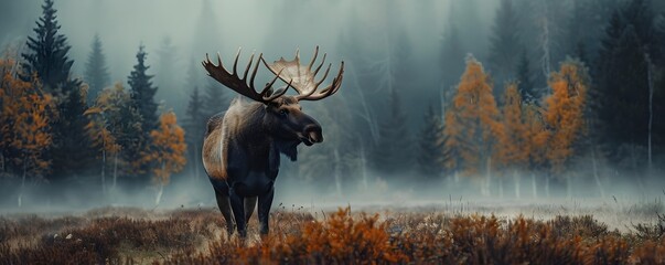 Sticker - Majestic Moose Stands Tall in Misty Autumn Woodland Landscape