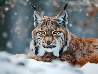 Canvas Print - Majestic Lynx Surveying Snowy Forest Landscape Watchful and Cautious Predator in Serene Winter Wilderness