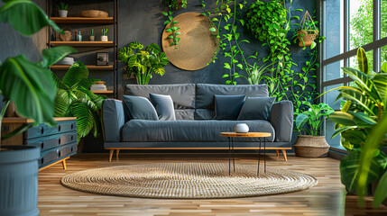 Wall Mural - Contemporary home interior with a stylish sofa, green plants, and wooden furniture