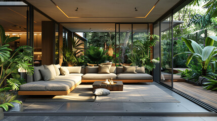 Sticker - Contemporary home interior with a stylish sofa, green plants, and wooden furniture