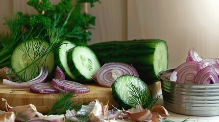 Poster -   A cutting board made from wood, adorned with cucumber slices alongside an onion pot and a can of fennel