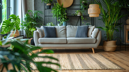 Wall Mural - Contemporary living room with a green plant, white sofa, and modern decor, wooden floor