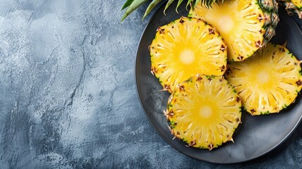 Wall Mural - Fresh pineapple slices on black plate, blue textured background