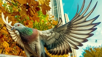 Wall Mural -   A photo of a pigeon perched on a ledge, spread wings, head turned slightly