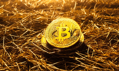 Pure gold shiny yellow Bitcoin on haystack, bright golden cryptocurrency represents financial growth, economy, inflation, success