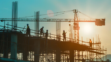 A group of construction workers are working on a building