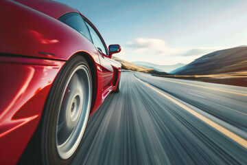 Wall Mural - A sports car accelerating on a highway, captured from a low angle towards the front, with the car sharp and the road and landscape blurred to show speed.