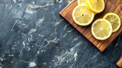 Wall Mural - Sliced lemons on wooden board against marble background