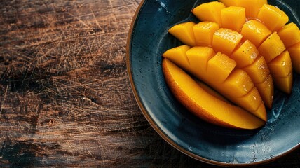 Canvas Print - Fresh sliced mango arranged in black bowl on wooden surface