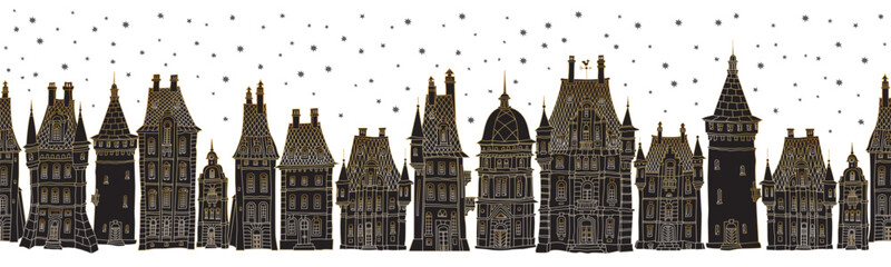 Wall Mural - Christmas and New Year seamless border pattern. Fairy tale European castles and houses panorama. Hand drawn gold and black sketch on a white background
