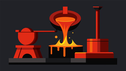 The molten iron flows like a river from the bottom of the furnace glowing redhot as it is poured into molds and shaped for industrial use.. Vector illustration