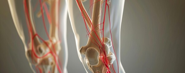 Wall Mural - A medical image showing a red line on the anterior right thigh, representing crural nerves with visible bone and ligament alignment, assisting detailed clinical analysis