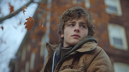 Wall Mural - A young man standing in front of a building