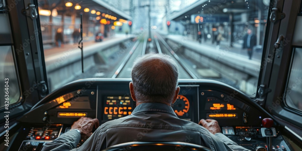 An experienced train driver watches the movement of the train in a ...