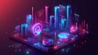 © Shahriyar - 3D isometric design of digital data science, bar graph and pie chart in the style of colorful neon light, hologram with information technology background vector illustration.