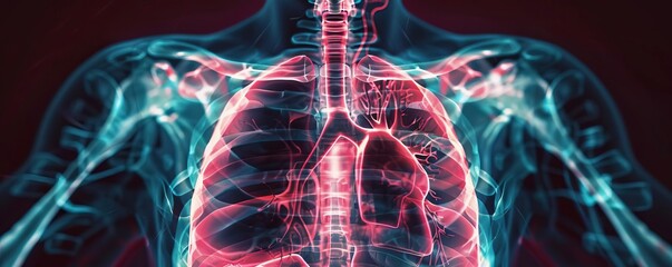 Wall Mural - A digitally enhanced Y2Kstyle chest Xray of a healthy man, highlighting the lungs, heart, diaphragm, and spine, merging medical accuracy with millenniumera visual flair