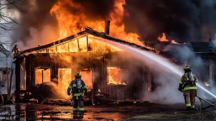 Firefighters in protective gear using hoses to douse a raging house fire at night for safety and disaster response