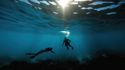 Wall Mural - Silhouette of two scuba divers exploring under the ocean with sunbeams filtering through