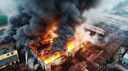 A dramatic aerial shot of a devastating fire engulfing a huge industrial building, implying urgency and danger