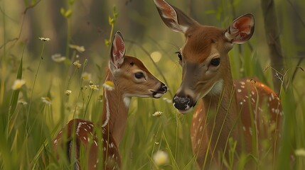 Wall Mural - Close-up of a doe and her fawn grazing peacefully in a lush meadow, the tender bond between mother and offspring evident in their gentle interactions and shared moments of tranquility.