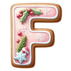 Wall Mural - Christmas themed uppercase letter F with pink gingerbread cookie with decorations isolated on transparent background, alphabet clipart