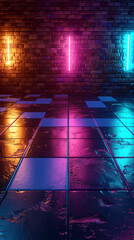 Wall Mural - Brick wall and neon lights background