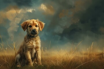 Poster - Serene portrait of a golden puppy with a warm sunset and dramatic clouds in the background