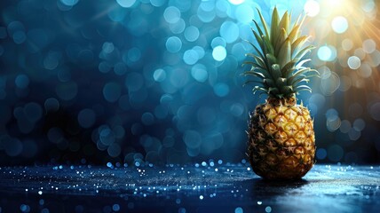 Wall Mural - Pineapple in focus with blurred sparkling blue lights background