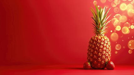 Wall Mural - Single pineapple with strawberries and glowing bubbles on red background
