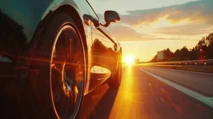 Car rushes along the highway at sunset , low angle side view 