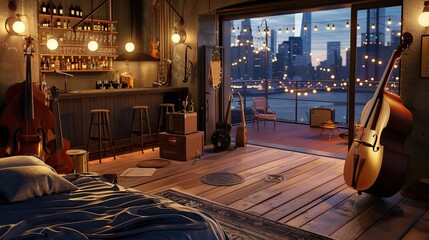 Wall Mural - bedroom with a classic New York jazz club theme, featuring vintage musical instruments as decor, a sleek bar area, and moody lighting