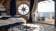 © Aeman - bedroom with a nautical theme, including a ship-style round window, navy and white bedding, and a compass rose inlay in the wooden floor