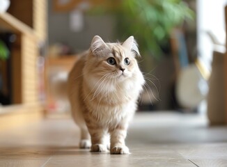 A cute munchkin cat is walking on the wooden floor