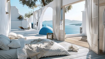 bedroom with a Santorini villa theme, featuring whitewashed walls, blue dome accents, and minimalist decor