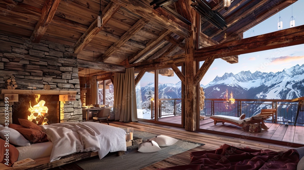 bedroom with a Swiss chalet theme, featuring rustic wood beams, a cozy ...