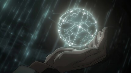 Wall Mural - A businessman's hand holds a glowing abstract hologram of a global network and data transfer against a dark background