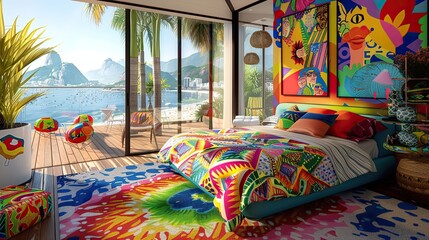 Wall Mural - bedroom with a vibrant Rio carnival theme, featuring bright colors, festive decorations, and samba-inspired art