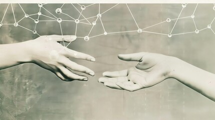 Wall Mural - A conceptual photo shows two hands reaching towards each other, with digital connections forming between them against a background showing an abstract representation of the web